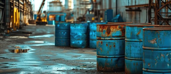 Industrial scene with blue oil drums.