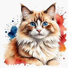 Watercolor red point ragdoll cat with watercolor splashes