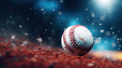 closeup zooms in on a baseball ball hitting and freezing during a game on a professional stadium field created with Generative AI Technology