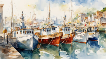 Fototapeta na wymiar Boats at the harbor, light watercolor, white background.