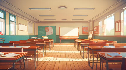 classroom of a daycare center without children and teacher,Empty classroom with vintage tone wooden chairs, Desk and chairs in classroom, The interior of classroom, generative AI