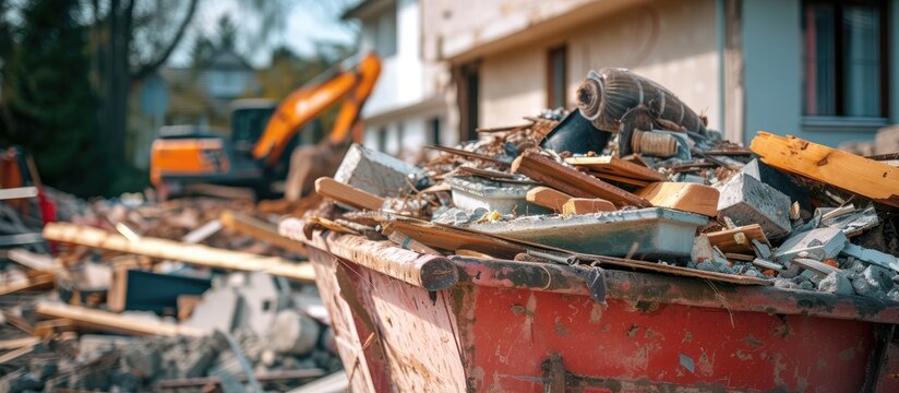 A skip filled with debris and construction materials from a home renovation in progress.