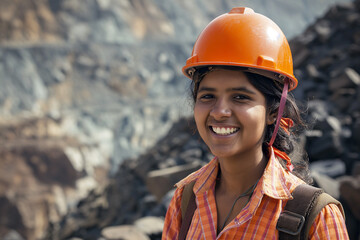 indian worker is smiling with an orange hard hat in a mine