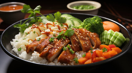 Sliced Katsu curry, rice, and vegetables in black bowl on wooden table isolated on white background