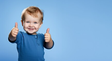 a toddler giving a thumbs up on blue background, banner concept
