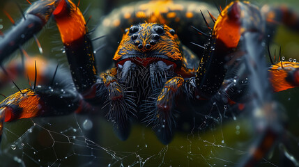 Ultra macro close-up of a beautiful black and yellow colored spider. Created with Generative AI.