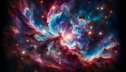 Fototapeta premium visualization of space,vibrant nebula in deep space with swirling colors and luminous stars, showcasing the cosmos's awe-inspiring beauty. Mood: grand, mysterious. Generative AI.