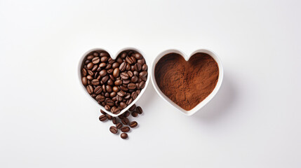 top view of roasted espresso coffee beans and heart shaped white coffee cup on white background