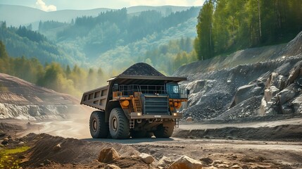 Generative AI : Trucks moving on dirt country road in forest. Mining truck mining machinery to transport coal from open-pit. 