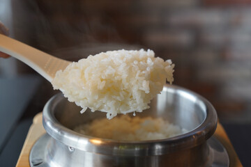 steamed sticky rice in stainless steel pot, korean style food