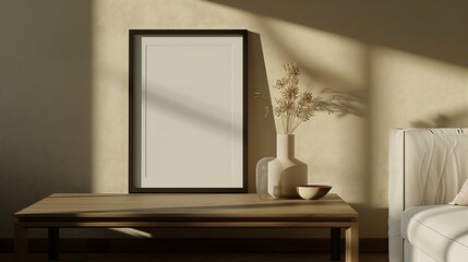 Generative AI : aesthetic frame mockup poster leaning on the wooden coffee table lit by sunlight in the warm living room. 