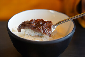 A piece of meat on white rice