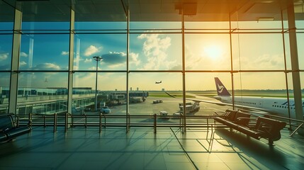 Generative AI : Airport terminal glass window with view of airplane, Suvarnabhumi airport departure hall for travel and transportation concept.