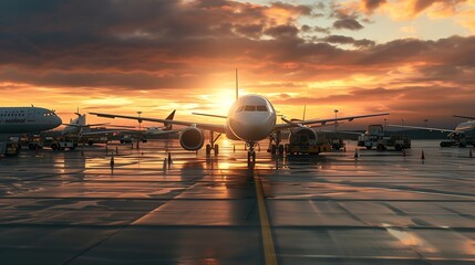 Generative AI : Airport with many airplanes at beautiful sunset