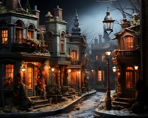 Merry Christmas and Happy New Year. Fairytale city in the fog