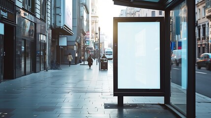 Generative AI : Blank white Mock up Media Advertisement at bus stop City street