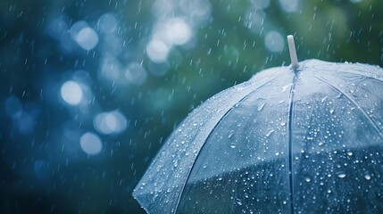 Generative AI : Transparent umbrella under heavy rain against water drops splash background. © The Little Hut