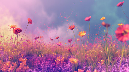 Dreamlike image of a field full of pink and colorful flowers