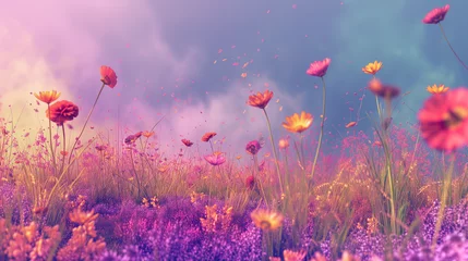 Fototapeten Dreamlike image of a field full of pink and colorful flowers © Mikoaj