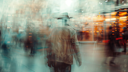 View of a city full of people seen by the person who is dizzy and suffers from neusea