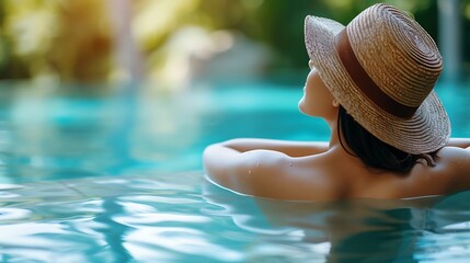 Generative AI : Beautiful woman relaxing in outdoor spa swimming pool. - obrazy, fototapety, plakaty
