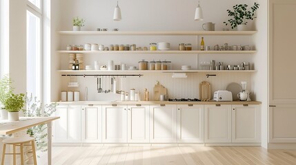 Generative AI : classic minimalist kitchen in white and beige colors