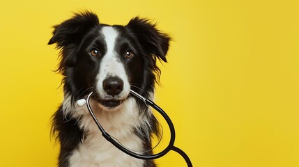 Generative AI : Puppy dog border collie holding stethoscope in mouth isolated on yellow background. Purebred pet dog on reception at veterinary doctor in vet clinic. Pet health care and animals concep - obrazy, fototapety, plakaty