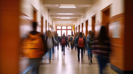 Fototapeta na wymiar Blurred photo of middle school students walking between classes at busy school