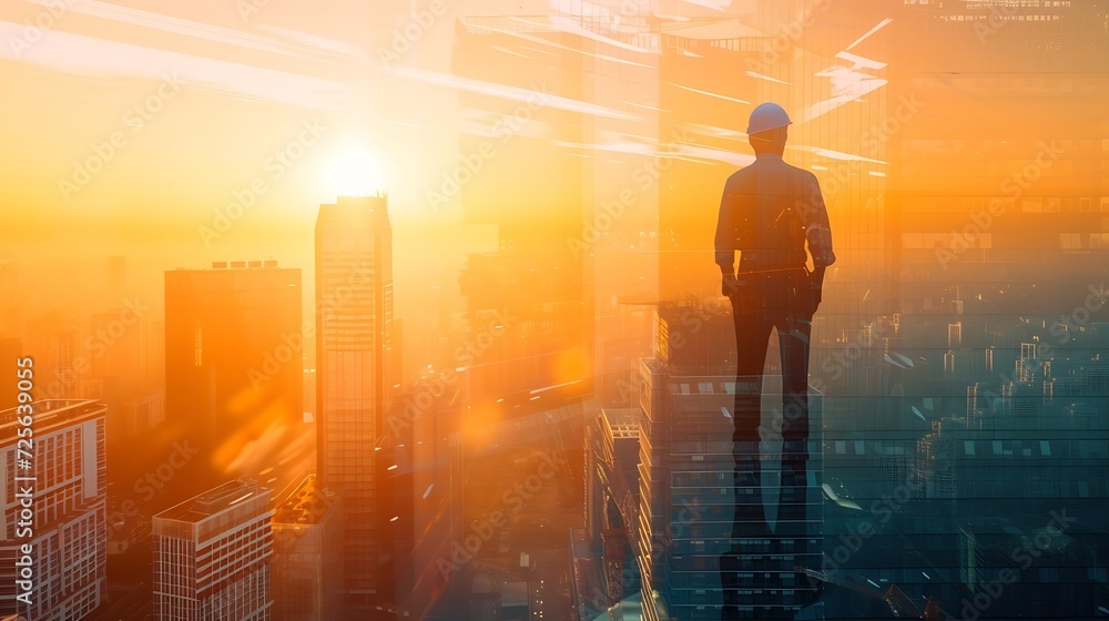 Poster Generative AI : The double exposure image of the engineer standing back during sunrise overlay with cityscape image. 