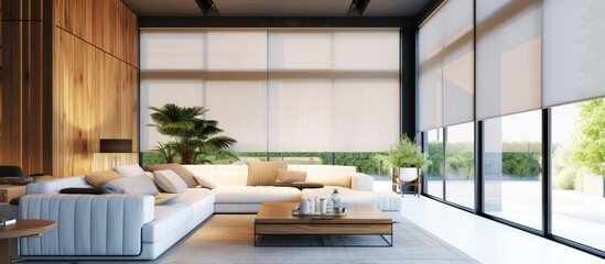Large automatic double solar blackout roller blinds and electric sunscreen curtains enhance the modern interior with wood decor panels on walls. - obrazy, fototapety, plakaty