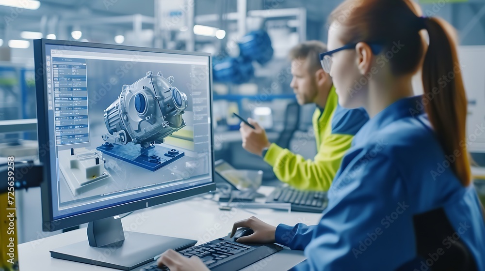 Aufkleber Generative AI : Engineer Working on Desktop Computer, Screen Showing CAD Software with Engine 3D Model
