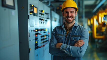 Generative AI : Portrait, happy man and engineering technician in control room, inspection service or industry maintenance. 