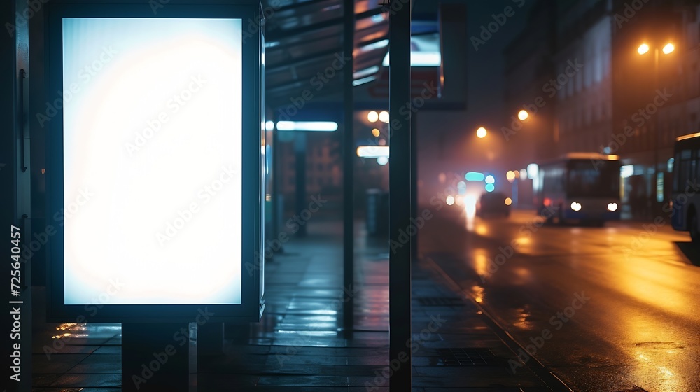 Poster Generative AI : Blank white mock up of vertical light box in a bus stop at night