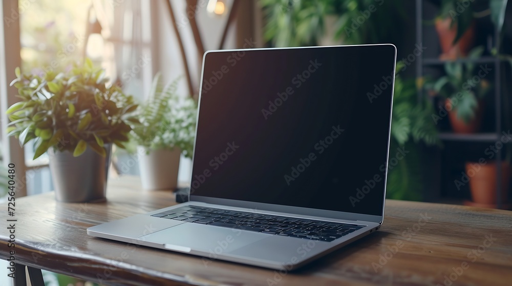 Poster generative ai : workspace with mockup blank screen laptop computer.