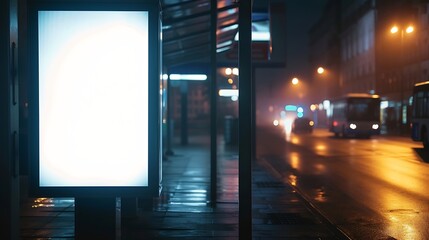 Generative AI : Blank white mock up of vertical light box in a bus stop at night - obrazy, fototapety, plakaty