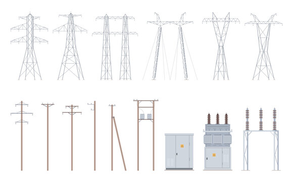 Power lines. High voltage cables, hanging wires, supports. Power transmission lines that deliver energy. Vector illustration