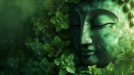 A Buddha statue face peeks through a dense tapestry of lush green leaves and flowers, embodying natural serenity and growth.