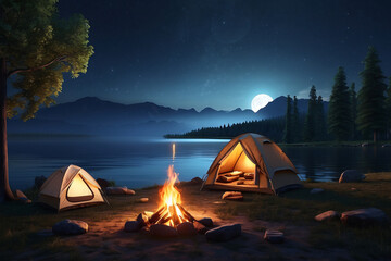 3d campfire by the river - obrazy, fototapety, plakaty