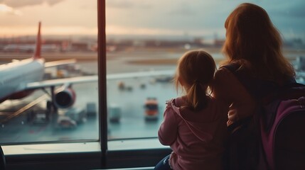 Generative AI : Happy Mother and little girl at the airport in anticipation
