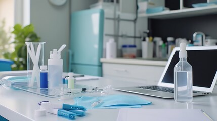 Generative AI : Workplace of veterinarian with laptop, plastic bottle, pipette, blue bandage and document in contemporary veterinary clinics
