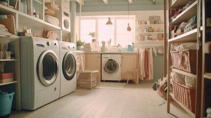 Interior of modern laundry room with washing machine