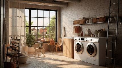 Interior of modern laundry room with washing machine - obrazy, fototapety, plakaty