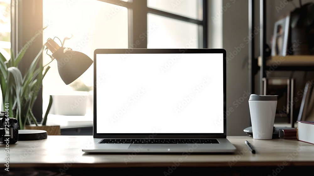 Poster Generative AI : laptop computer white blank screen on work table front view