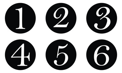 Numbers from 1 to 6 in black circles. Vector illustration. Eps file 10.