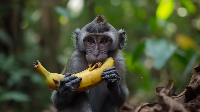 Close-up of a cute monkey eating a yellow banana. Natural environment, environmental sustainability, tropical forest. Created with Generative AI.