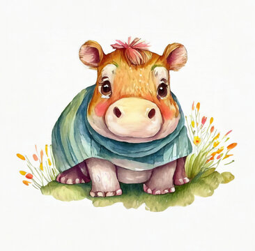 Baby hippo in grass and flowers watercolor illustration isolated on white background.
Postcards, invitations, children books style animal illustration