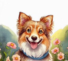 Dog portrait with grass and flowers watercolor illustration isolated on white background.
Postcards, invitations, children books style animal illustration