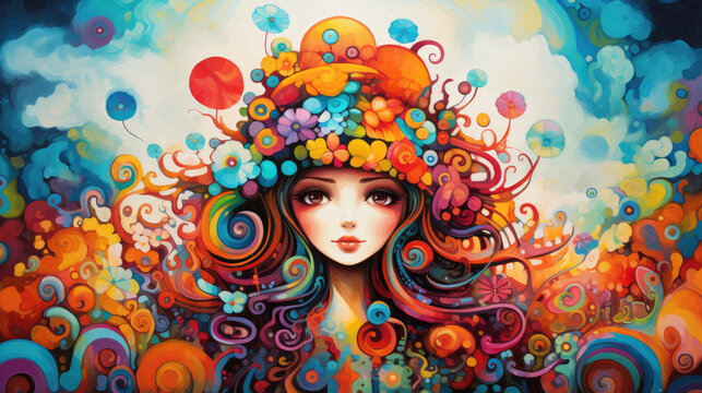 beautiful woman with unique floral painting with long hair retro colorful boho style and rainbow created with Generative AI Technology