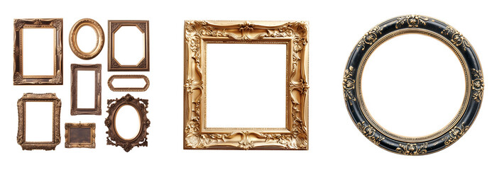 Collection of Vintage Photo Frames in Various Styles: Oval, Round, Square, Ornament, Rectangle, Isolated on Transparent Background, PNG