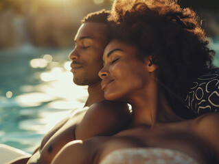 A guy and a girl are relaxing near the pool.